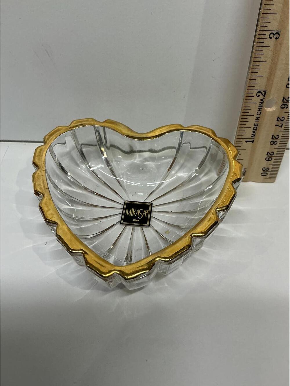 Vintage Mikasa Heart Shaped Crystal Dish Gold Rim Candy Trinket Bowl Japan